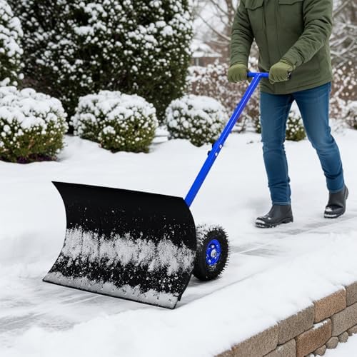 29" Push Snow Shovel with Wheels for Driveway, Heavy Duty Adjustable Angle Wheeled Snow Pusher Shovel, Metal Rolling Snow Pusher, Snow Plow Shovel on Wheels for Snow Removable, 29"x18" Blade