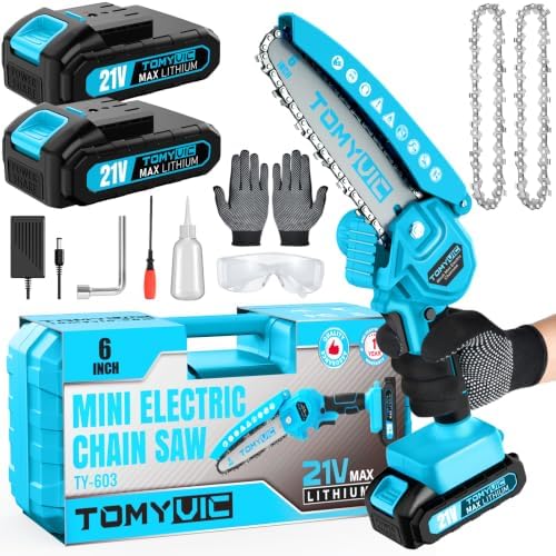 Mini Chainsaw 6-Inch Battery Powered - Best Cordless Small Handheld Chain Saw with 2 Rechargeable Batteries - 21V Power Chain Saws Battery Operated for Tree Trimming Wood Cutting
