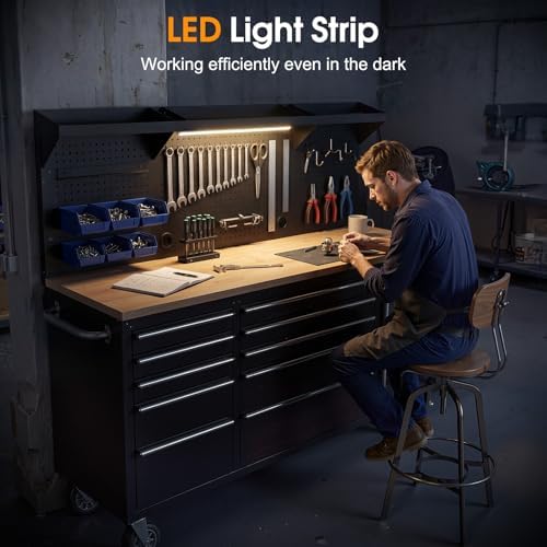 72" Rolling Tool Chest, 10 Drawers Garage Workbench Storage Tool Cabinet with Power Strip, Solid Rubber Wood Top, Pegboard, Light Strip, Mobile Workstation with Key Locking System