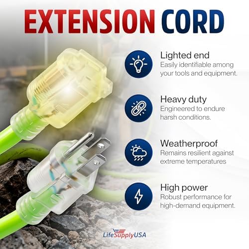 75ft Outdoor/Indoor Extension Cord 12/3 Gauge Extra Heavy Duty 3 Prong SJTW, Waterproof, Flexible Cold-Resistant Long Power Cord, 15A 125V 1875W, Neon Green by LifeSupplyUSA