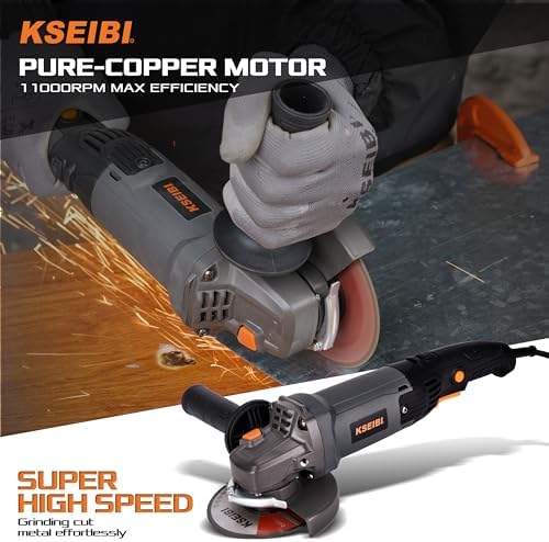 KSEIBI 711943K Angle Grinder Tool - 4 1/2 inch, 950W, 8Amps, 11000RPM, Corded Power Tools Long Handle with 7/8" Arbor Grinding and Cutting Wheels, Flap Disc, Quick Adjustable Guard, and Storage Bag