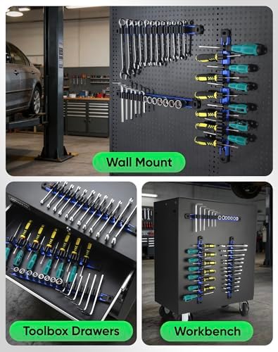 ALOANES 3PC Magnetic Screwdriver Organizer - 36 Slot Aluminum Alloy Rail for Toolbox & Metal Pegboard, Strong Magnetic Holder for Wrenches, Pliers, Workshop Garage Storage(Blue)