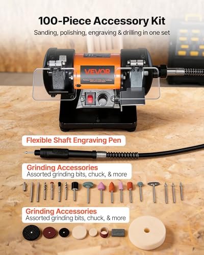 VEVOR Bench Buffer Polisher, 8300-10600 RPM Adjustable Speed, Polishing & Buffing Machine with Grinding, Fiber, and Wool Wheels, 100-Piece Accessory Kit, for Jewelry, Wood, Metal, Raw Stone, Jade DIY