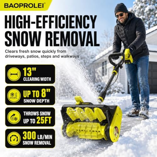 40V Brushless Cordless Snow Shovel, 13Inch Electric Snow Blower with 3 * 4.0 Ah Battery and Charger, Battery Powered Snow Removal with 25FT Throw Distance for Driveway,Steps, Patio, Sidewalk