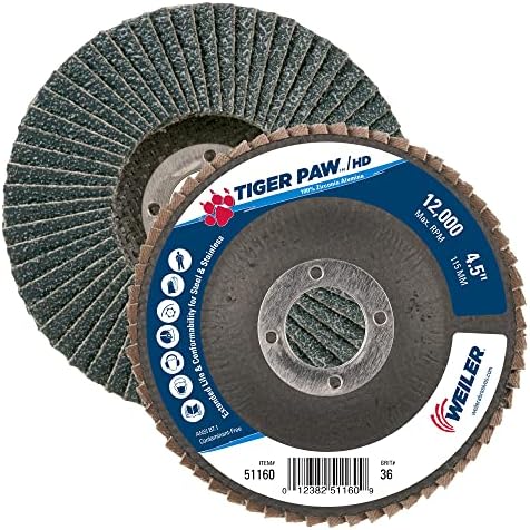 Weiler 51160 Tiger Paw XHD Super High Density Abrasive Flap Disc, Type 27 Flat Style, Phenolic Backing, Zirconia Alumina, 4-1/2" Diameter, 7/8" Arbor, 36 Grit, 12000 RPM (Pack of 10)