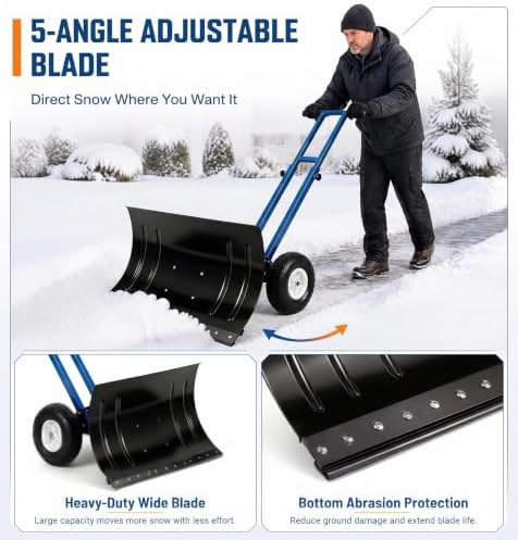GarveeLife Wheeled Snow Shovel - 29in Steel Blade, 10in Wheels Deep Blue