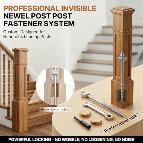 4PCS Newel Post Mounting Kit, Heavy Duty Hidden Newel Post Fastener with Rail Bolt Wrench, Installation Kit Staircase Newel Posts for Wooden Stair Railing, Deck Baluster