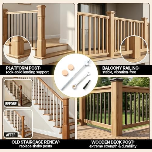 4PCS Newel Post Mounting Kit, Heavy Duty Hidden Newel Post Fastener with Rail Bolt Wrench, Installation Kit Staircase Newel Posts for Wooden Stair Railing, Deck Baluster