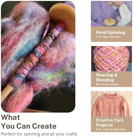 DICHA 3 Inch Drop Spindle Kit- High Low Whorl Wooden Spindles with 8 Oz Merino Wool/Top and Instructions-Weaving Spinning Wheels for Beginners-All in A Gift Box-Perfect Spinner Gifts