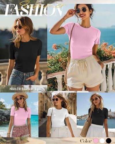 Ficerd 3 Pack Women's Ribbed Short Sleeve T-Shirts