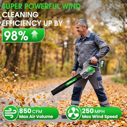 Leaf Blower Cordless, Brushless Blower 850 CFM 250 MPH with 2 Batteries