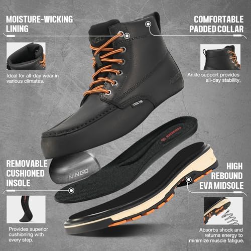 NINGO Steel Toe Work Boots for Men, Non Slip Mens Safety Moc Toe Work Shoes