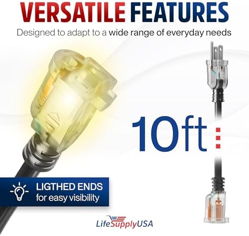 10ft Outdoor/Indoor Extension Cord 10/3 Gauge Ultra Heavy Duty 3 Prong SJTW, Waterproof, Flexible Cold-Resistant Long Power Cord,15A 125V 1875W, Black by LifeSupplyUSA