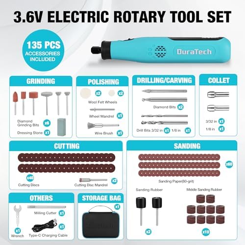 DURATECH 3.6V Cordless Rotary Tool Kit with 135PC Accessories