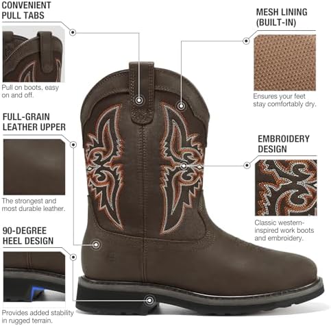 NINGO Steel Toe Boots for Men, Comfortable Square Toe Cowboy Work Boots