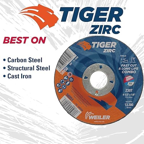Weiler 58051 4-1/2" x 1/8" Tiger Zirc Type 27 Cut and Grind Combo Wheel, Z30T, 7/8" A.H. (Pack of 25)