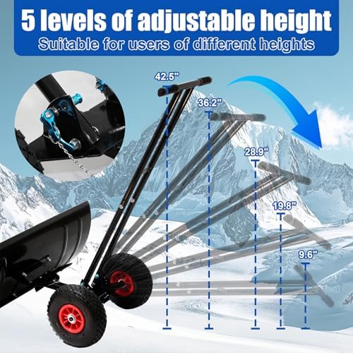 30” Snow Shovel with Wheels, Snow Pusher with Adjustable Angle & Height Handle, Snow Removal for Driveway Sidewalk, Ergonomic Double-Rod Design, Easy Assembly (Double Rod)