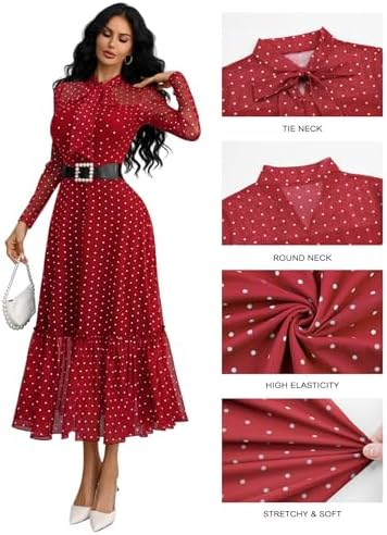 GothDark Polka dot Dress for Women Tie Neck Bow Ruffle Fall Vintage Dress