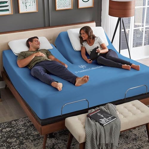 JS Sanders Collection 600TC Flex Head Queen Sheets for Sleep Number Bed - 100% Cotton 4 Pcs Split Head Queen Sheets for Adjustable Bed, Queen 34 Inch Down Mediterranean Blue -18 Inch Deep