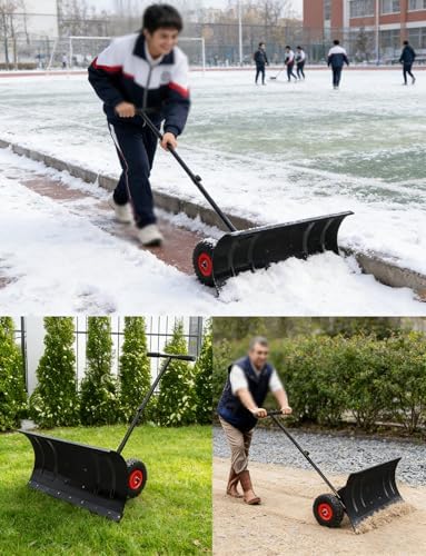Snow Pusher with Wheels, Adjustable Handle-Angle Steel Blade for Driveway, Walkway, Patio Snow Removal - 5 Levels for Easy Clearing