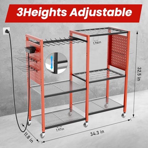 Heavy-Duty Power Tools Organizer Cart with Charging Power Strip, 6-Tier Rolling Utility Cart with 8 Hooks and 6 Load-Bearing Wheels, Garage Tool Storage Rack for Workshop for Men