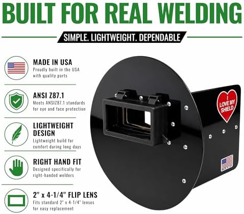 Black Flip-Up Pancake Welding Hood Right Handed, 2" x 4-1/4" Lens Welding Shield, ANSI Z87.1, Lightweight Low Profile, MADE IN USA