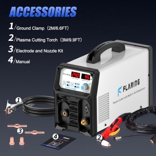FLARING 240V Plasma Cutter With Built In Air Compressor 45A IGBT Inverter Digital Plasma Cutting Machine, 3/8 Inch Clean Cut And 5/8 Inch Max Cut High Frequency (No External Compressor Needed)
