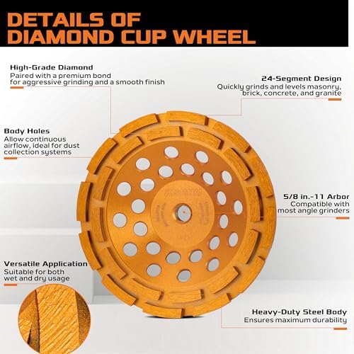 KSEIBI 644118 Diamond Concrete Grinding Wheel 7" x 5/8"-11 for Polishing and Cleaning Stone Concrete Surface, Cement, Marble, Rock, Granite, and Thinset Removing, Angle Grinder Wheels Cup