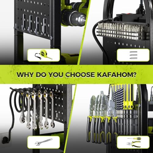 KAFAHOM Power Tool Organizer Cart with Charging Station,Garage Floor Rolling Storage on Wheels for Mechanic,Mobile 8 Drill Holder, Utility Cart with Battery Charging 8 Outlet Power Strip