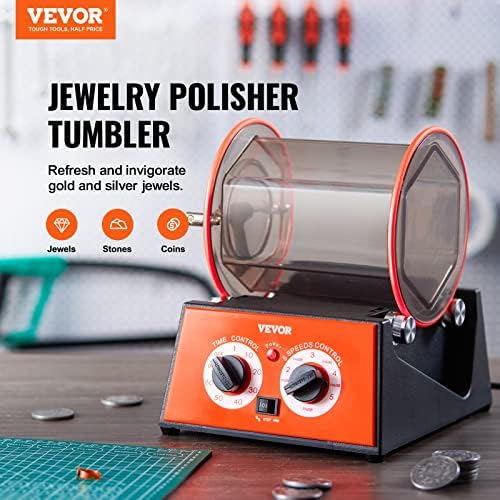 VEVOR 11lbs/5kg Capacity Mini Tumbler Machine with 0-60 Minutes Timer, 5 Speeds Jewelry Rotary Finisher for Surface Polishing Grinding Buffing Gemstones Jewels Coins, Orange+Black, KD-20001