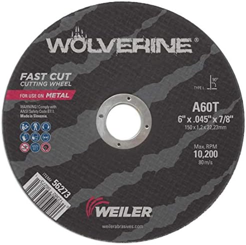 Weiler 56273 6 Inch Cutting Wheel, Wolverine AO Steel/Metal Fast Cutting, .045" A60T Type 1 7/8" Arbor, Pack of 25