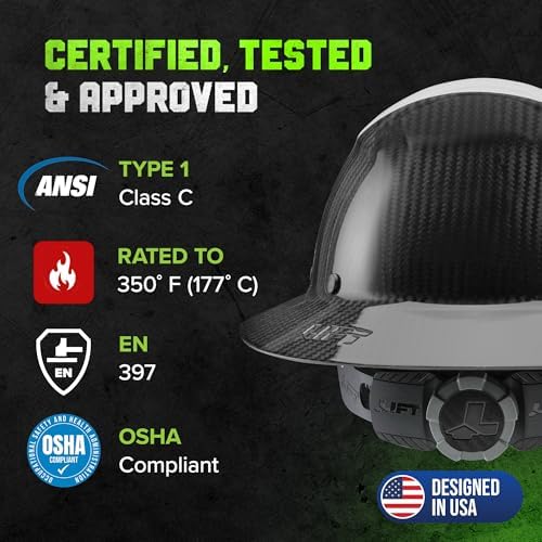 LIFT SAFETY Dax Carbon Fiber Full Brim Hard Hat | Safety/Construction Helmet w/ 6 Point Suspension for Comfort & Impact Protection