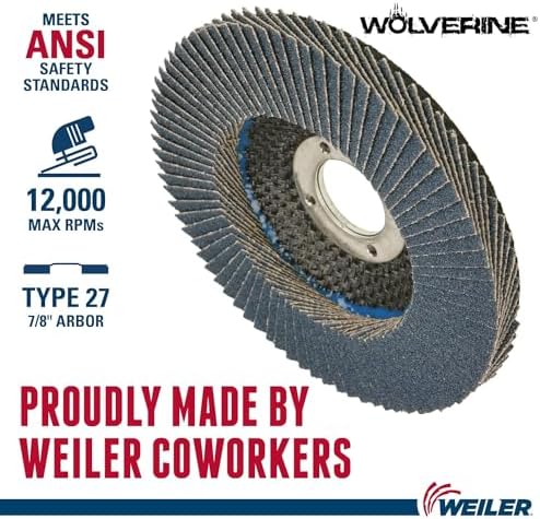 Weiler 31387 Wolverine 4-1/2" x 7/8" Arbor Hole Abrasive Flap Disc, 40 Grit Zirconia Alumina, Flat Type 27, Phenolic Backing, High Density (Pack of 10)