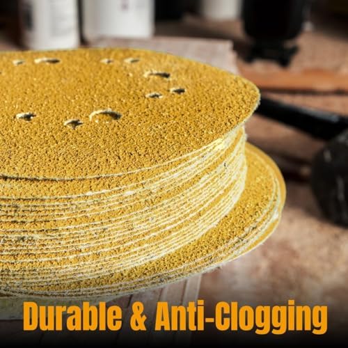 POWERTEC 200 PCS 60 Grit - 5 Inch 8 Hole Hook and Loop Sanding Discs, 5" Sanding Pads for Automotive, Drywall, Woodworking with Orbital Sander, Air, and DA Sander (44006G-50-P4)