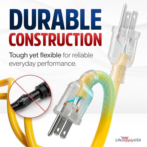 3ft Outdoor/Indoor Extension Cord 14/3 Gauge Heavy Duty 3 Prong SJTW, Waterproof, Flexible Cold-Resistant Long Power Cord,15A 125V 1875W, Yellow by LifeSupplyUSA
