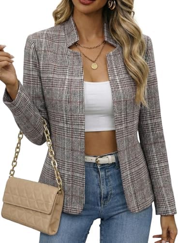 Mina Self 2026 Fall Women's Open Front Tweed Blazer,Plaid Fitted Jacket