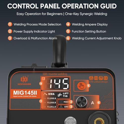H HZXVOGEN 145A MIG Welder, 110V/220V Gasless MIG Welder Welding Machine, 3-in-1 Flux Core MIG/ARC/Lift TIG, Synergic Control, IGBT Inverter, LED Display