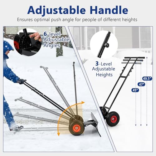 Moccha 36” Wide Snow Pusher - Heavy-Duty Efficient Snow Shovel with Wheels, 7-Position Angled Blade, Ergonomic Handle for Snow Removal, Back Saver Snow Plow Shovel for Driveway and Sidewalks