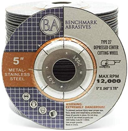 Benchmark Abrasives 5 Inch Cut Off Wheels for Metal, Steel, Fiberglass - Thin Type 27 Depressed Center Angle Grinder Cutting Disc with 7/8" Arbor Hole, Grinder Cutting Wheel - 25 Pack