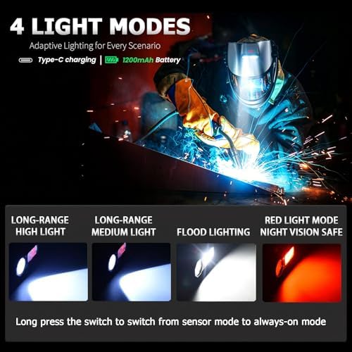 Large View True Color Auto Darkening Welding Helmet with LED Light - Solar Powered, 4 Arc Sensors, 1/1/1/1 Optical Clarity, Wide Shade 4/5-13 for TIG MIG ARC Grind