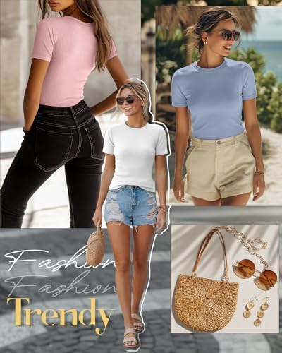 Ficerd 3 Pack Women's Ribbed Short Sleeve T-Shirts