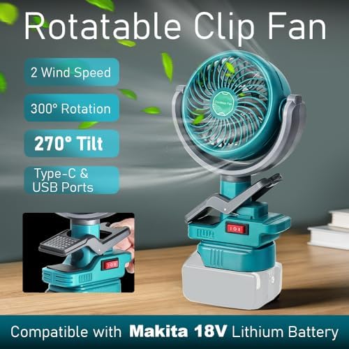 Portable Clip Fan compatible with Ma-ki-ta 18v Battery, Battery Powered Fan with Dual USB Charging, Cordless Fan with Adjustable Head, for Car, Home, Outdoor,Camping, Picnic and Job Site(Tool Only)