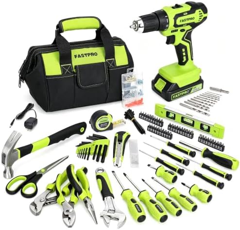 FASTPRO Home Tool Set with Drill, Household Repairing Tool Kit, Green