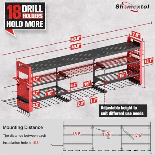 49.8" Power Tool Organizer Wall Mount,Holds 18 Cordless Drills