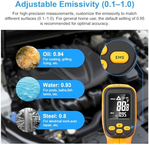 Non-Contact Infrared Thermometer Gun, High Accuracy -58°F to 1472°F, Adjustable Emissivity, Ir Thermometer with Backlit LCD, Over-Temp Alarm, Laser Temperature Gun for Cooking,BBQ,HVAC