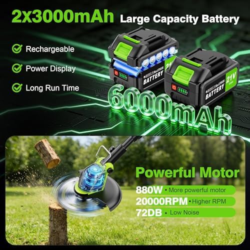Kihoplly 12" Stringless Weed Wacker Cordless Eater, 21V 6000mAh Battery Powered Trimmer Edger Lawn Tool, 20000 RPM Powerful Electric Wheeled Lawn Edger with Blades, Foldable& Lightweight Brush Cutter