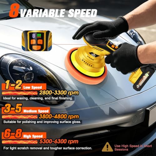 Cordless Dual Action Car Buffer Polisher, 8-Speed, 2*21V Batteries