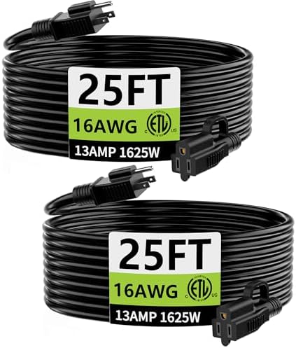 HUANCHAIN Indoor Outdoor Black Extension Cord 25 ft 2 Pack Waterproof, 16/3 Gauge Flexible Cold-Resistant Appliance Cable Outside, 13A 1625W 16AWG SJTW, 3 Prong Electric Cord, ETL