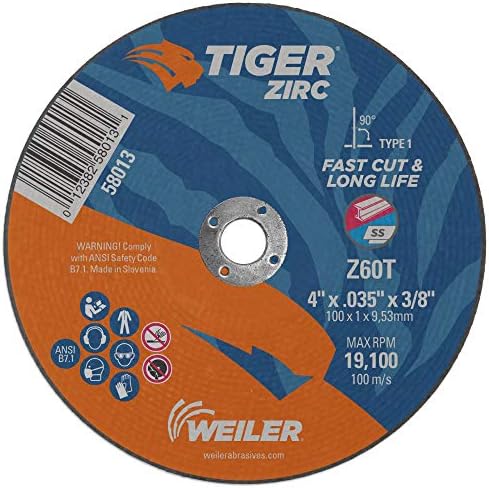 Weiler 58013 4-Inch Cutting Wheel, Tiger Zirc Metal Fast Cut & Long Life, High Performance Cutting, 0.035" Z60T Type 1 3/8" Arbor (Pack of 25)