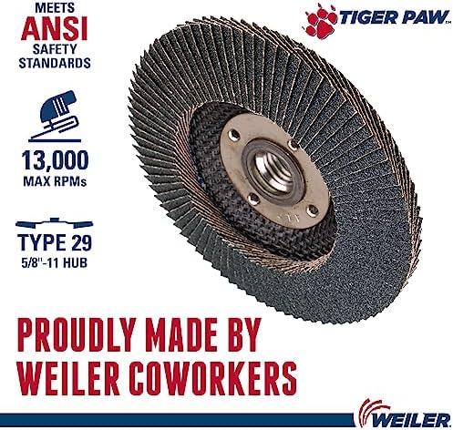 Weiler 51125 4-1/2" Tiger Paw Abrasive Flap Disc, Conical (Ty29), Phenolic Backing, 60Z, 5/8"-11 Unc Nut (Pack of 10)
